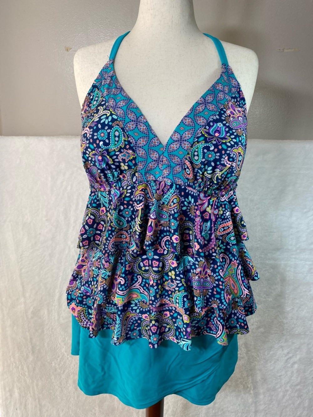 Catalina Plus Size 2X 18W-20W Paisley Ruffle Tankini Swim Suit Multi-Color
